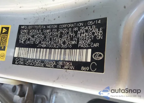 2014 Lexus Es 350 z USA, uszkodzony, nr VIN JTHBK1GG3E2136516